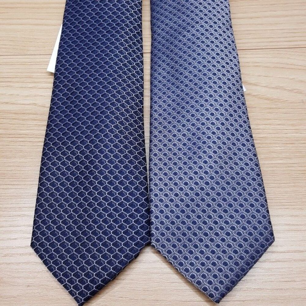 PERRY ELLIS Mens Neck Tie Blue Gray Geometric Geo Birdseye Lot of 2 Necktie